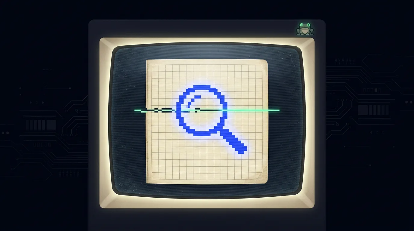 lupa azul eléctrico sobre línea tachada en pantalla CRT — checklist de detección de slop