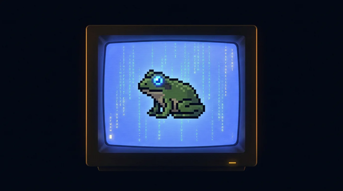 coquí pixel-art dentro de una pantalla CRT con glow azul eléctrico sobre fondo void — estética terminal de coquia