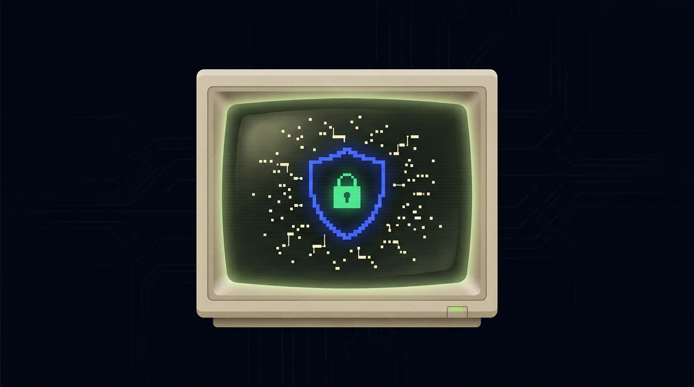 escudo azul con candado coquí y nodos de data contenidos en pantalla CRT — privacidad