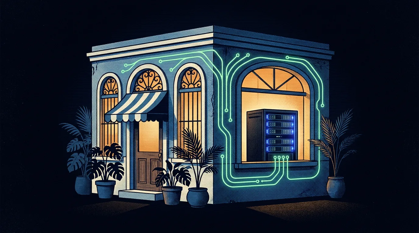 rack de servidor compacto junto a un negocio local puertorriqueño renderizado en halftone con scanlines, verde coquí y azul eléctrico — datos que se quedan en la isla
